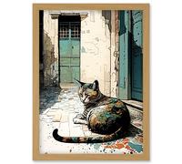 Street Cat Sunbathing on Cobblestone Street Modern Illustration Artwork Framed Wall Art Print A4 Artery8 Light Oak One Size