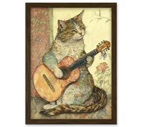 Street Musician Cat with Guitar by Flower Pattern Mural Pastel Watercolour Illustration Artwork Framed Wall Art Print A4 Artery8 Brown One Size