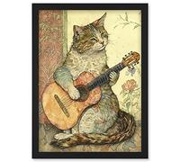 Street Musician Cat with Guitar by Flower Pattern Mural Pastel Watercolour Illustration Artwork Framed Wall Art Print A4 Artery8 Black One Size