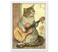 Street Musician Cat with Guitar by Flower Pattern Mural Pastel Watercolour Illustration Artwork Framed Wall Art Print A4 Artery8 White One Size