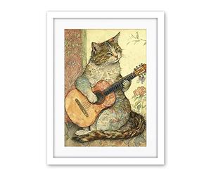 Artery8 Street Musician Cat with Guitar by Flower Pattern Mural Pastel Watercolour Illustration Artwork Framed Wall Art Print 18X24 Inch