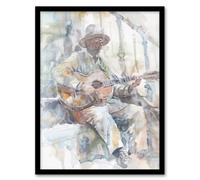 Artery8 Street Musician Playing Guitar Watercolour Living Room Artwork Framed Wall Art Print A4
