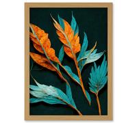 Striking Modern Bright Teal and Orange Detailed Dried Leaves on Black Artwork Framed Wall Art Print A4 Artery8 Light Oak One Size