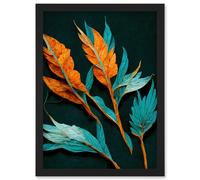 Artery8 Striking Modern Bright Teal & Orange Detailed Dried Leaves on Black Artwork Framed Wall Art Print A4 Artery8 Black