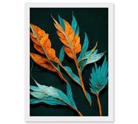 Striking Modern Bright Teal and Orange Detailed Dried Leaves on Black Artwork Framed Wall Art Print A4 Artery8 White One Size