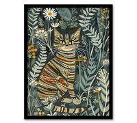 Striped Cat in Floral Botanical Garden Folk Art Framed Art Print Artery8 Blue A4