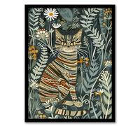 Artery8 Striped Cat in Floral Botanical Garden Folk Art Living Room Artwork Framed Wall Art Print 18X24 Inch