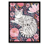 Artery8 Striped Cat Laying in Pink Wildflowers Watercolour Living Room Artwork Framed Wall Art Print A4