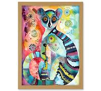 Artery8 Striped Ring-Tailed Lemur Multicoloured Folk Art Watercolour Painting Artwork Framed A3 Wall Art Print