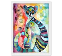 Artery8 Striped Ring-Tailed Lemur Multicoloured Folk Art Watercolour Painting Artwork Framed Wall Art Print A4 in White Artery8 White