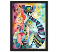 Artery8 Striped Ring-Tailed Lemur Multicoloured Folk Art Watercolour Painting Artwork Framed Wall Art Print A4 in Black Artery8 Black