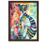Artery8 Striped Ring-Tailed Lemur Multicoloured Folk Art Watercolour Painting Artwork Framed Wall Art Print A4 in Brown Artery8 Brown