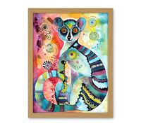 Artery8 Striped Ring-Tailed Lemur Multicoloured Folk Art Watercolour Painting Artwork Framed Wall Art Print 18X24 Inch