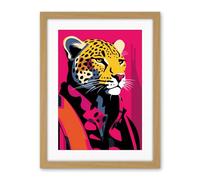 Artery8 Strong Leopard in Suit Bold Artwork Orange Pop Art Hot Pink Vibrant Portrait Artwork Framed Wall Art Print 18X24 Inch