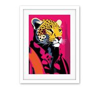 Artery8 Strong Leopard in Suit Bold Artwork Orange Pop Art Hot Pink Vibrant Portrait Artwork Framed Wall Art Print 18X24 Inch
