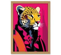 Artery8 Strong Leopard in Suit Bold Artwork Orange Pop Art Hot Pink Vibrant Portrait Artwork Framed A3 Wall Art Print