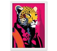 Wall Art Print Strong Leopard in Suit Bold Artwork Orange Pop Art Hot Pink Vibrant Portrait Artwork Framed A4 Artery8 White A4