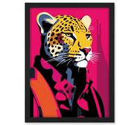 Artery8 Strong Leopard in Suit Bold Artwork Orange Pop Art Hot Pink Vibrant Portrait Artwork Framed A3 Wall Art Print