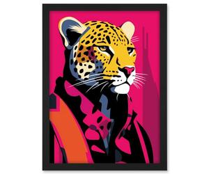 Artery8 Strong Leopard in Suit Bold Artwork Orange Pop Art Hot Pink Vibrant Portrait Artwork Framed A3 Wall Art Print