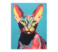 Artery8 Stunning Sphynx Cat Portrait Teal & Yellow On Blue Screen Print Risograph Artwork Spot Block Colour Duotone Retro Riso Interior Design Artery8 Multicolor W24" x H32"