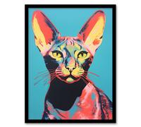 Artery8 Stunning Sphynx Cat Portrait Teal & Yellow On Blue Screen Print Risograph Artwork Spot Block Colour Duotone Retro Riso Interior Design Art Artery8 Black A4
