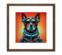 Artery8 Style Dog With Sunglasses Portrait Bold Colourful Retro Futuristic Illustration Square Wooden Framed Wall Art Print Picture 8X8 Inch in Brown Artery8 Brown