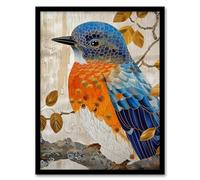 Artery8 Stylised Chinese Blue Flycatcher Gold Leaf Branch For Living Room Artwork Framed Wall Art Print 18X24 Inch