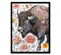 Artery8 Stylised Majestic Bison in Spring Wildflowers Living Room Artwork Framed Wall Art Print 18X24 Inch