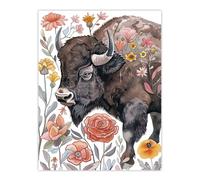 Artery8 Stylised Majestic Bison in Spring Wildflowers Wall Art Print in Brown | Size: W12" x H16" Artery8 Brown W12" x H16"