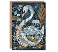 Artery8 Stylised Nature Pattern Swan Folk Art Painting Birthday Art Card in Blue Artery8 Blue