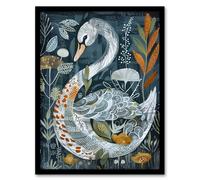 Stylised Nature Pattern Swan Folk Art Painting Framed Art Print Artery8 Blue A4