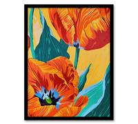 Artery8 Stylised Orange Teal Tulip Flowers Vibrant Floral Living Room Artwork Framed Wall Art Print A4