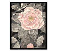 Artery8 Stylised Pink Camellia Flower Pastel Colour Living Room Artwork Framed Wall Art Print A4