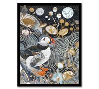 Stylised Puffin Full Moon Flower Field Abstract Framed Art Print Artery8 Dark Blue A4