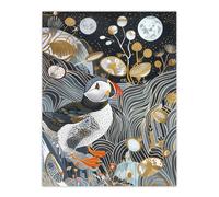 Artery8 Stylised Puffin Full Moon Flower Field Abstract Wall Art Print in Dark Blue | Size: W12" x H16" Artery8 Dark Blue W12" x H16"