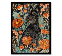 Artery8 Stylised Scottish Terrier Dog with Peony Flowers Framed Wall Art in Orange | Size: W12" x H16" Artery8 Orange W12" x H16"