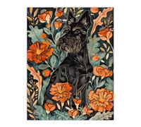Artery8 Stylised Scottish Terrier Dog with Peony Flowers Wall Art Print in Orange | Size: W12" x H16" Artery8 Orange W12" x H16"