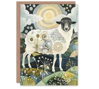 Artery8 Greeting Card Stylised Sheep with Patterns Full Moon Folk Art Blank For Him Or Her Art Birthday Card