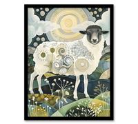 Artery8 Stylised Sheep with Patterns Full Moon Folk Art Framed Art Print in Navy | Size: W12" x H16" Artery8 Navy W12" x H16"