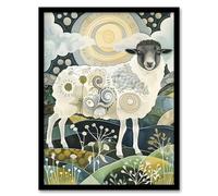 Artery8 Stylised Sheep with Patterns Full Moon Folk Art Living Room Artwork Framed Wall Art Print A4