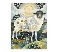 Artery8 Stylised Sheep with Patterns Full Moon Folk Art Wall Art Print in Navy | Size: W12" x H16" Artery8 Navy W12" x H16"