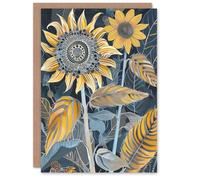 Artery8 Stylised Sunflower Yellow Blue Pattern Painting Birthday Art Card Artery8 Yellow