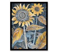 Artery8 Stylised Sunflower Yellow Blue Pattern Painting Framed Art Print | Size: A4 Artery8 Yellow A4