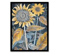 Artery8 Stylised Sunflower Yellow Blue Pattern Painting Living Room Artwork Framed Wall Art Print A4