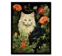 Artery8 Stylish Black And White Cat Flowers Green Floral Design Illustration Peony Artwork Framed Wall Art Print A4