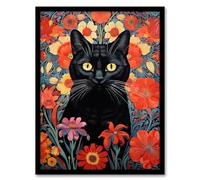 Artery8 Stylish Black Cat On Red Flowers Floral Design Illustration Lucky Witch Artwork Framed Wall Art Print A4