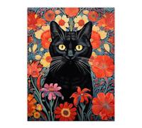 Artery8 Stylish Black Cat On Red Flowers Floral Design Illustration Lucky Witch Extra Large XL Wall Art Poster Print