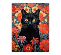 Artery8 Stylish Black Cat On Red Flowers Floral Design Illustration Lucky Witch Unframed Wall Art Print Poster Home Decor Premium | Size: W12" x H16" Artery8 Multicolor W12" x H16"