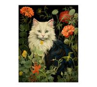 Artery8 Stylish Black & White Cat Flowers Green Floral Design Illustration Peony Unframed Wall Art Print Poster Home Decor Premium | Size: W12" x H16" Artery8 Multicolor W12" x H16"