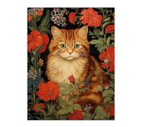 Artery8 Stylish Ginger Striped Kitten Cat Red Amidst The Flowers Floral Design Illustration Large Wall Art Poster Print Thick Paper 18X24 Inch